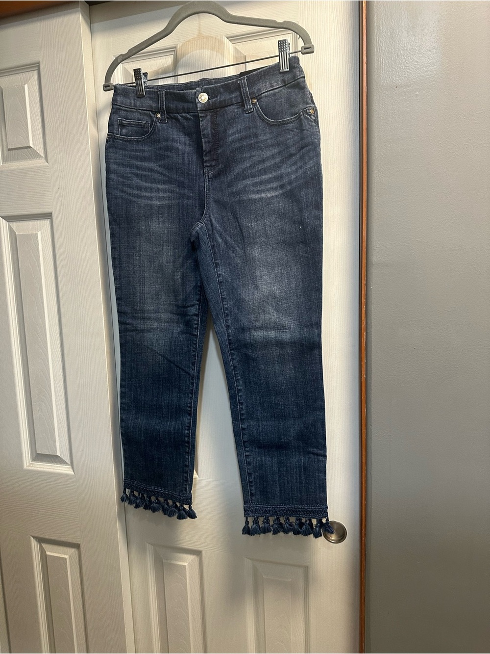 Chico's Dark Blue Cropped Jeans with Tassel Hem